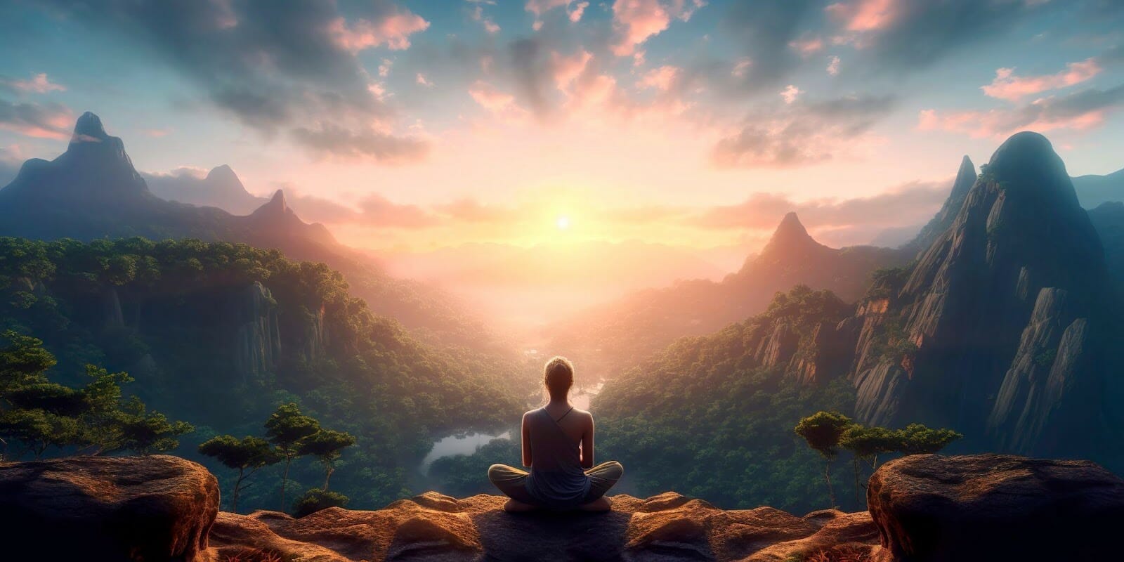 A serene figure meditates overlooking a beautiful mountain range